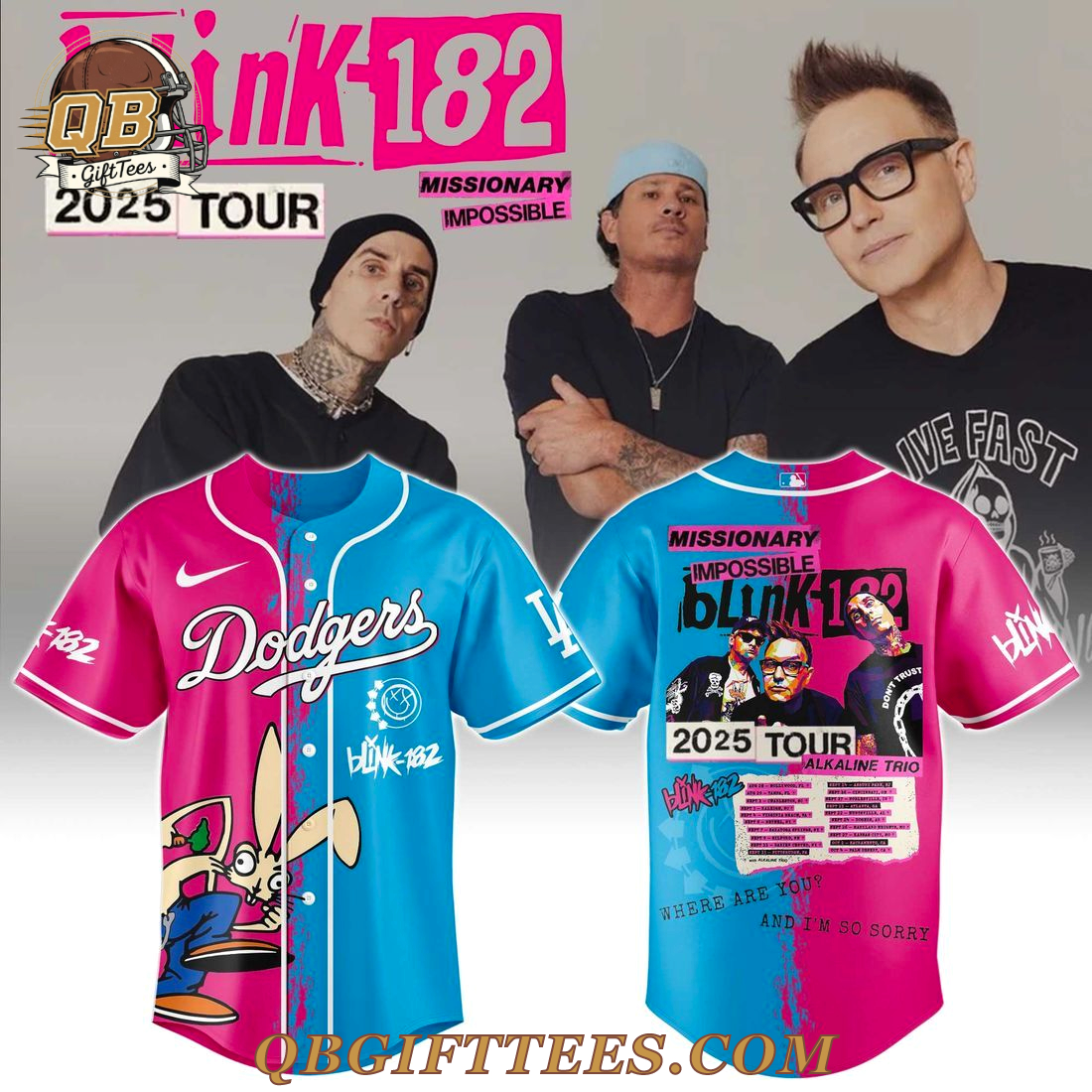 Blink-182 x LA Dodgers 2025 Missionary Impossible Tour Baseball Jersey Blink-182 x LA Dodgers 2025 Missionary Impossible Tour Baseball Jersey