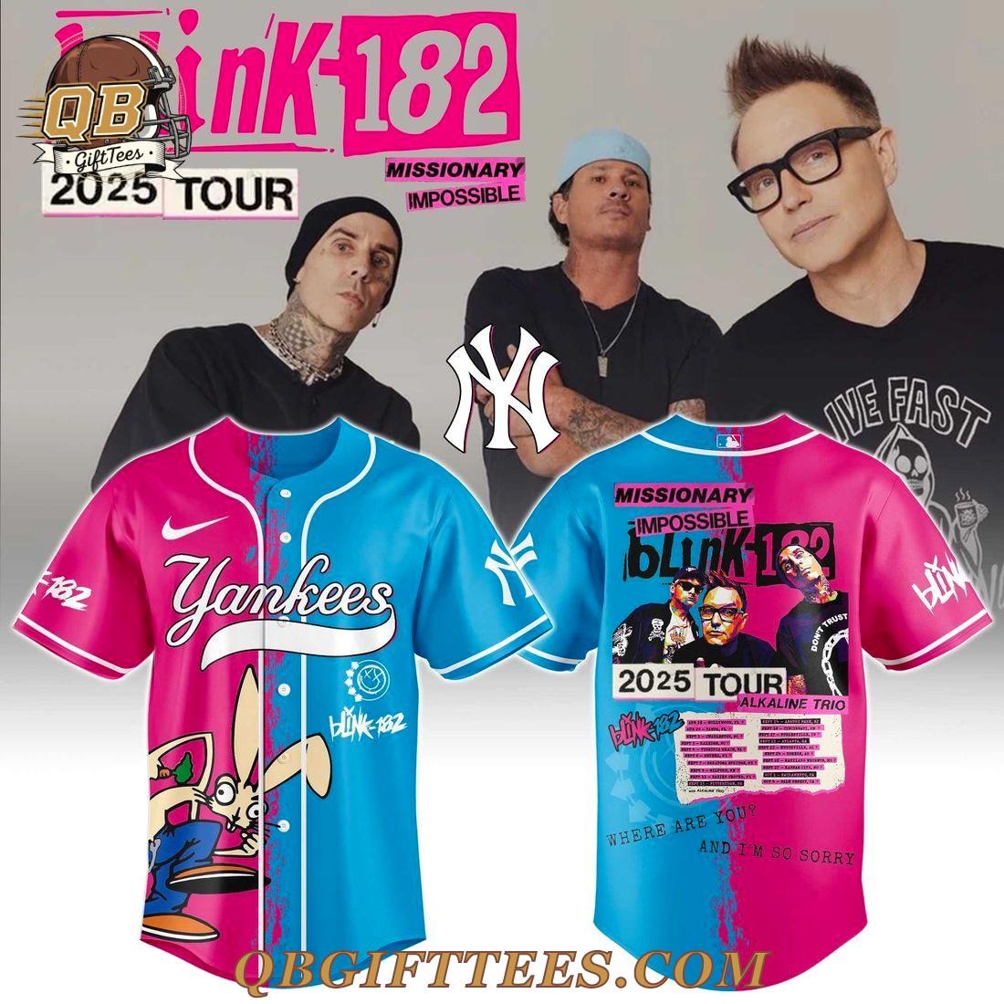 Blink-182 x NY Yankees 2025 Missionary Impossible Tour Baseball Jersey Blink-182 x NY Yankees 2025 Missionary Impossible Tour Baseball Jersey