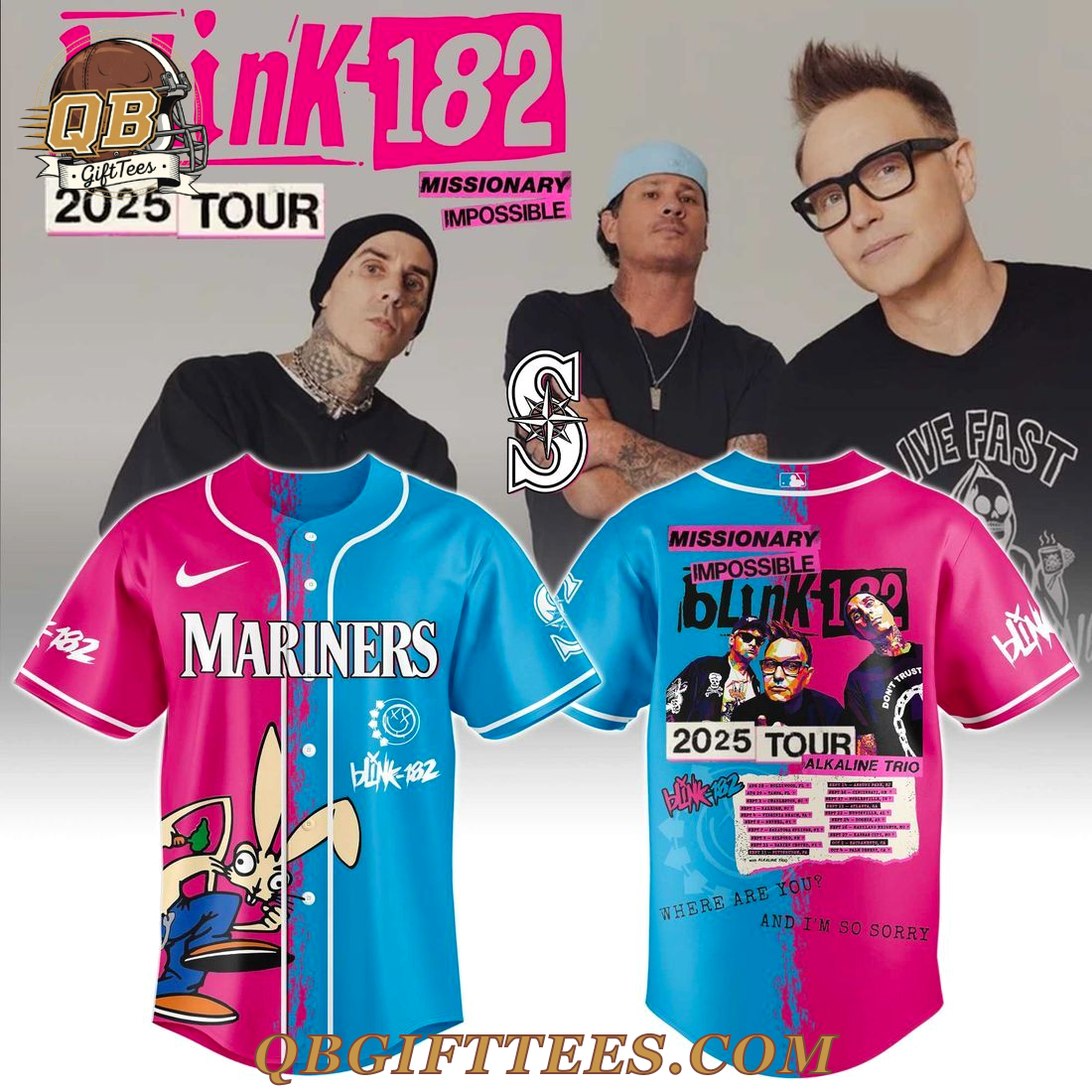 Blink-182 x Seattle Mariners 2025 Missionary Impossible Tour Baseball Jersey Blink-182 x Seattle Mariners 2025 Missionary Impossible Tour Baseball Jersey