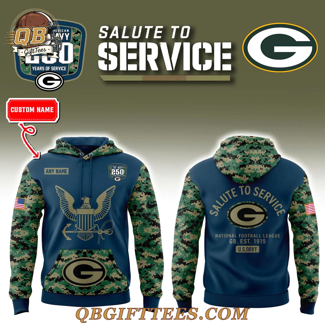 Green Bay Packers 2025 NFL Salute to Service Navy 250 Hoodie Green Bay Packers 2025 NFL Salute to Service Navy 250 Hoodie
