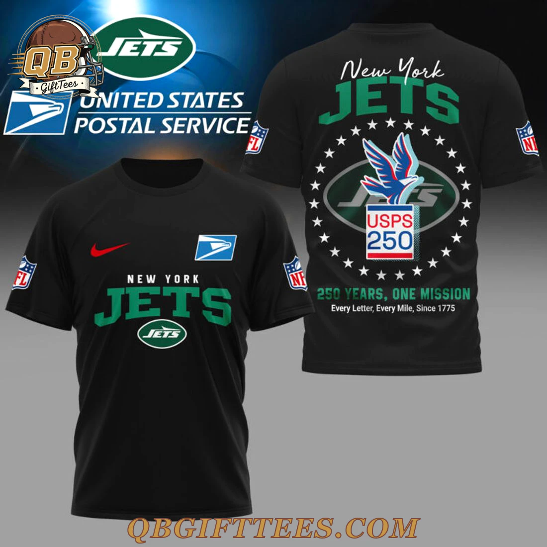 New York Jets United States Postal Service 250th Anniversary T-Shirt New York Jets United States Postal Service 250th Anniversary T-Shirt