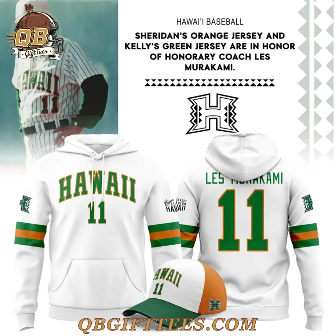 Hawaii Baseball 2026 Honor Coach Les Murakami White Hoodie Hawaii Baseball 2026 Honor Coach Les Murakami White Hoodie