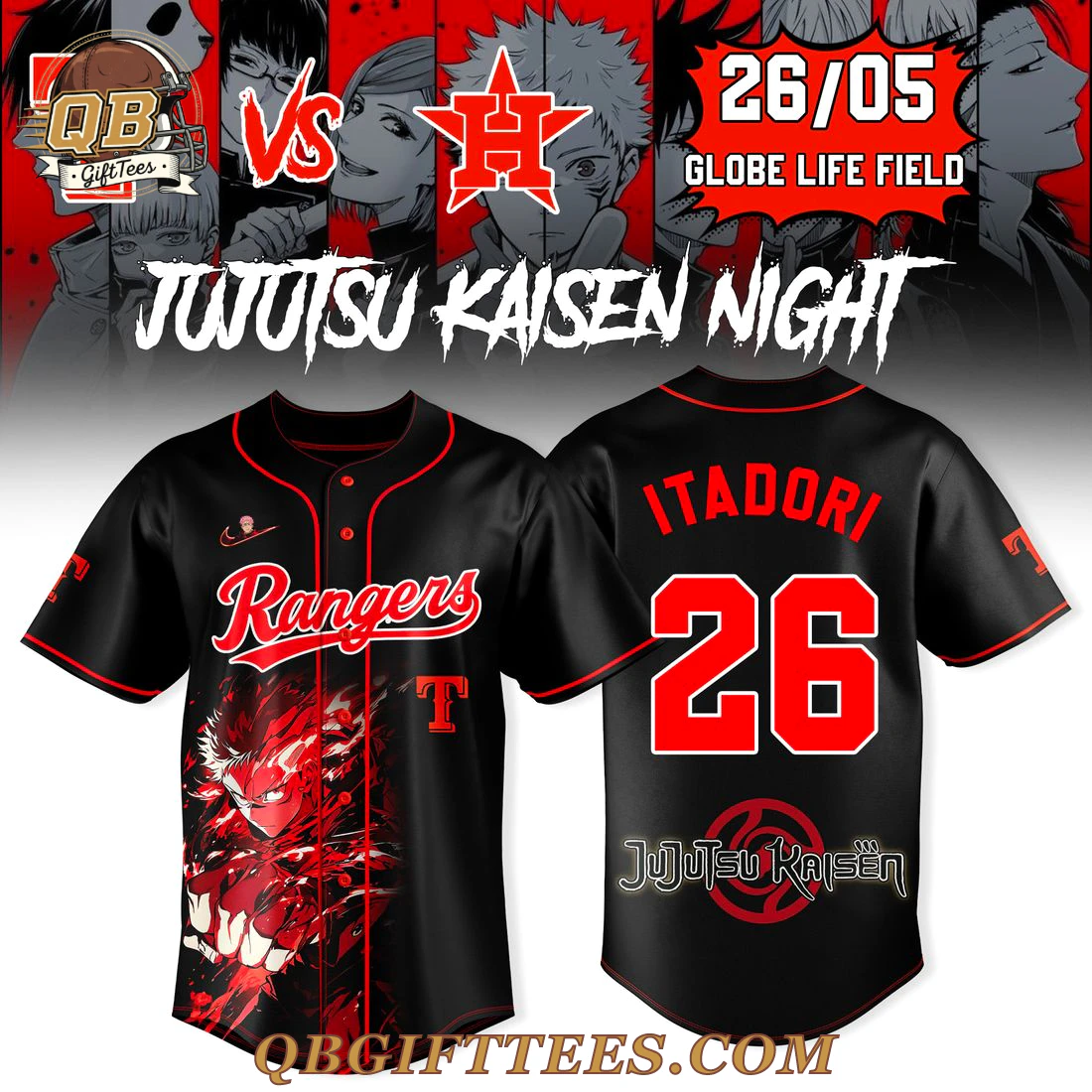 Texas Rangers x Jujutsu Kaisen Night Back Itadori 26 Baseball Jersey Texas Rangers x Jujutsu Kaisen Night Back Itadori 26 Baseball Jersey